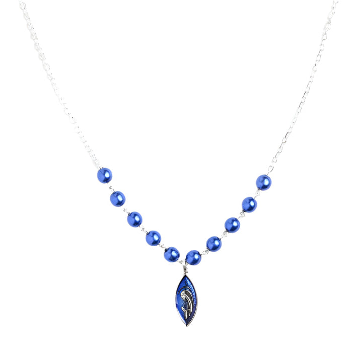 Collier marial perlé bleu sur chaîne argentée