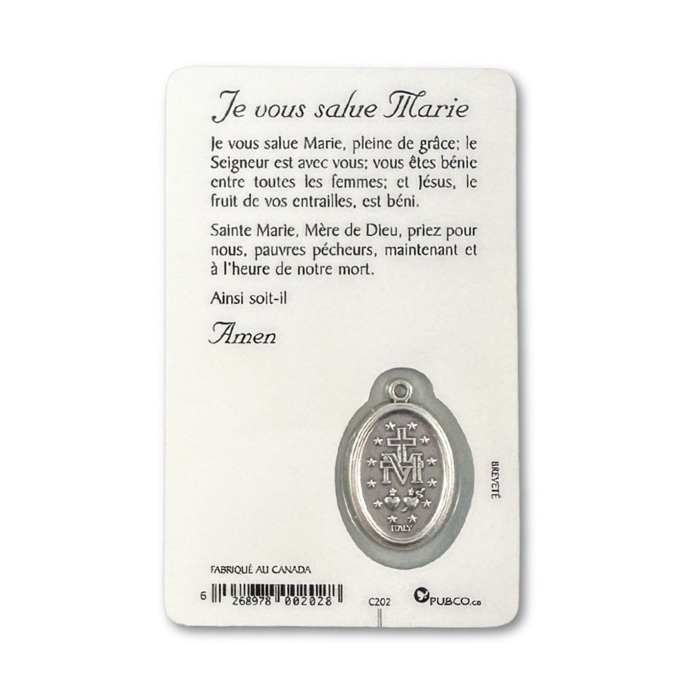 Carte de prière Je vous salue Marie avec médaille