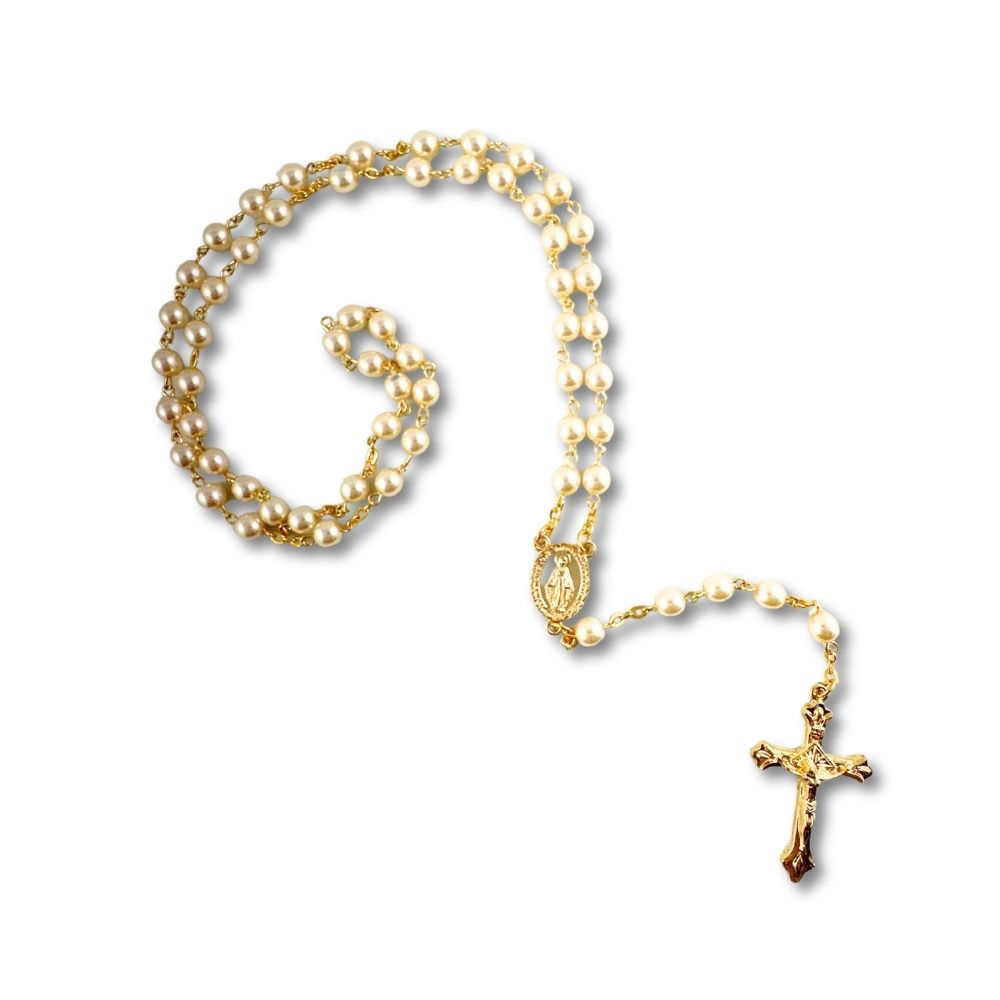 Chapelet crème et doré avec médaille miraculeuse