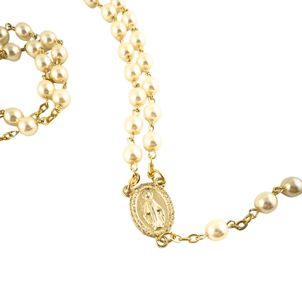 Chapelet crème et doré avec médaille miraculeuse