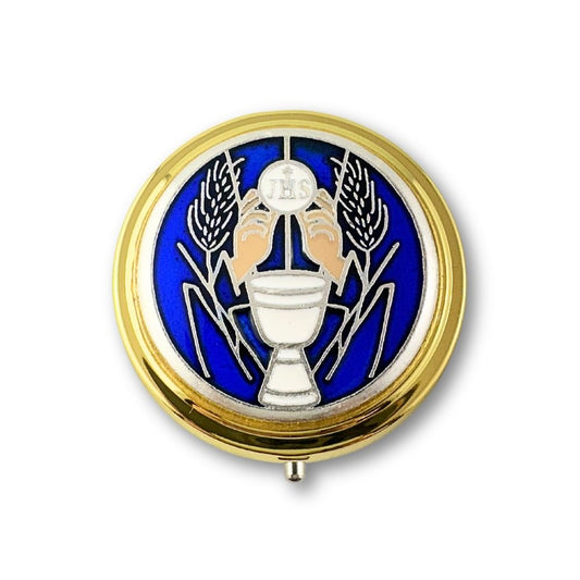 Custode dorée pour hostie communion motif bleu