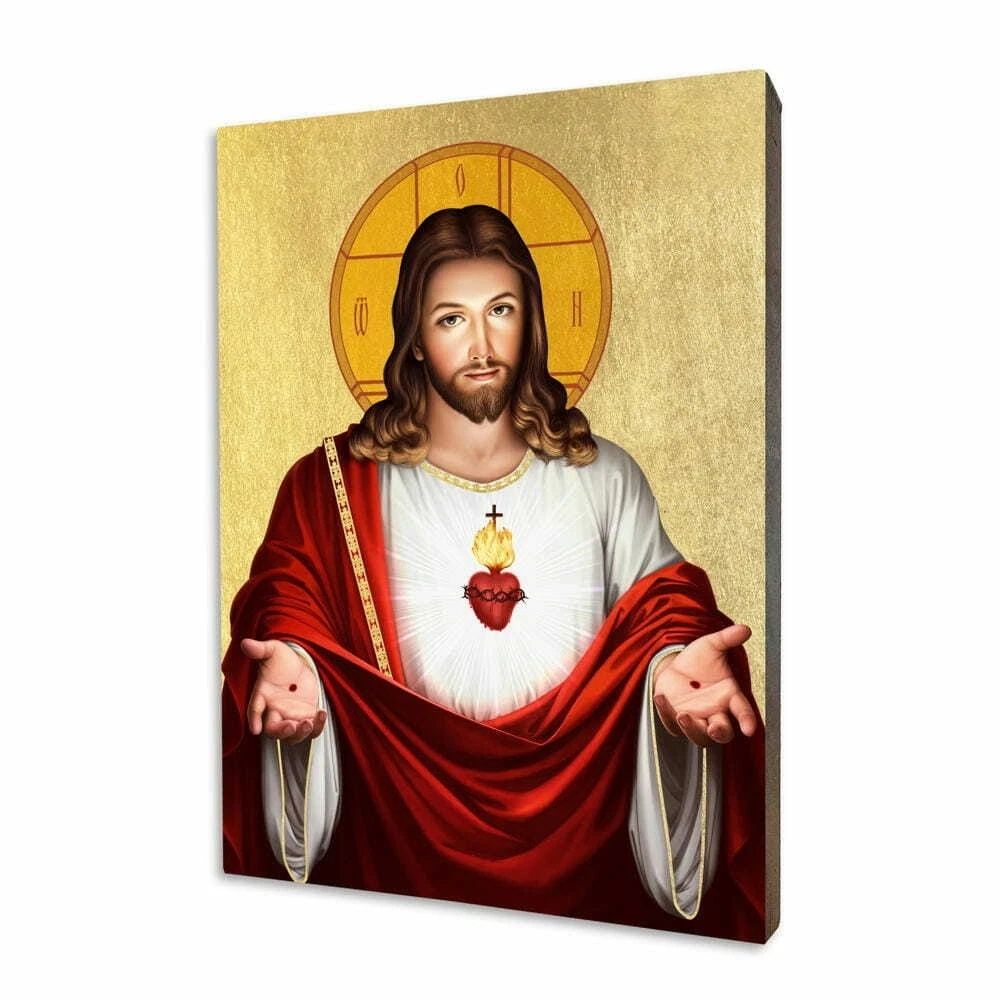 Icône dorée 10x15cm Sacré-Cœur de Jésus & Sacré-Cœur de Marie
