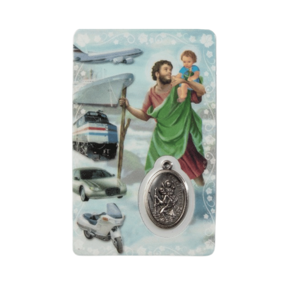 Carte de prière avec médaille de St-Christophe - saint patron des voyageurs