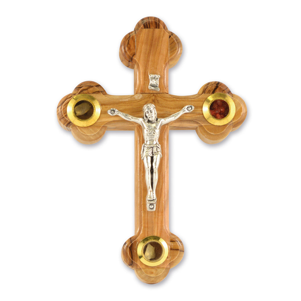 CRUCIFIX 5,25 PO AVEC PIERRE, FEUILLE D’OLIVIER ET ENCENS