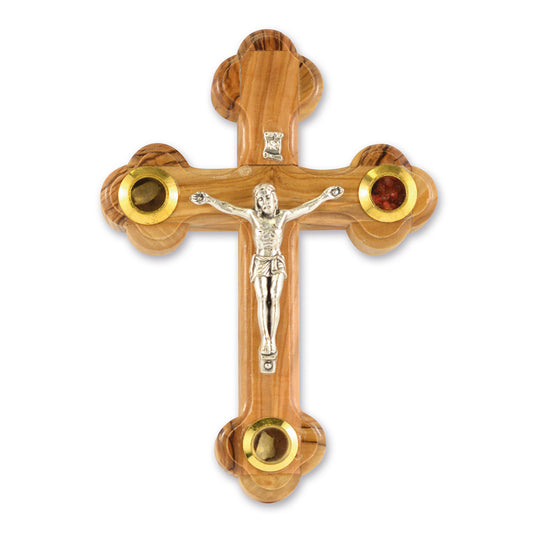 CRUCIFIX 5,25 PO AVEC PIERRE, FEUILLE D’OLIVIER ET ENCENS