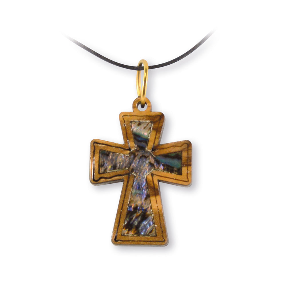 PENDENTIF CROIX EN BOIS RECOUVERT DE NACRE