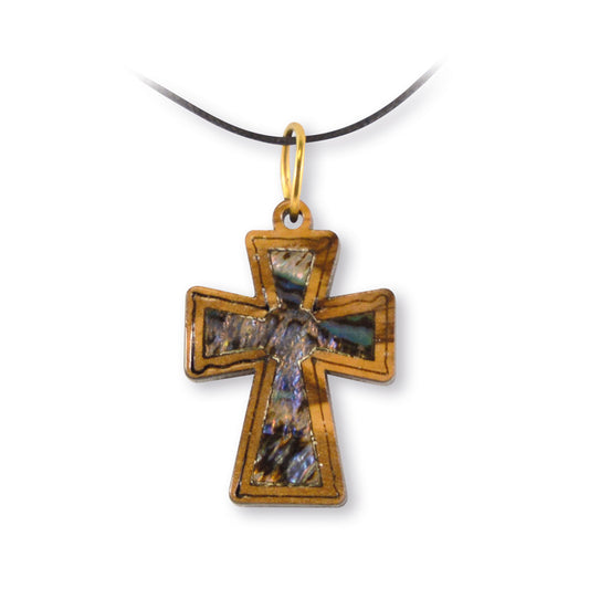 PENDENTIF CROIX EN BOIS RECOUVERT DE NACRE