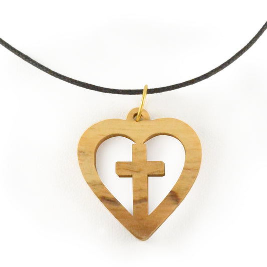 Pendentif avec cœur et croix en bois d'olivier